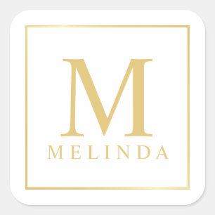 White and Gold Elegant Monogram Square Sticker
