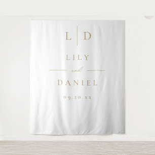 White and Gold Elegant Monogram Wedding Backdrop Tapestry