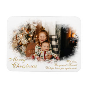 White and Gold Elegant Snowy Photo Christmas Card Magnet