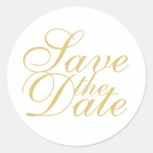 White and Gold Elegant Wedding Save the Date Classic Round Sticker