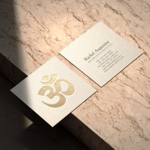 White and Gold Embossed OM Symbol Yoga Instructor Square Business Card