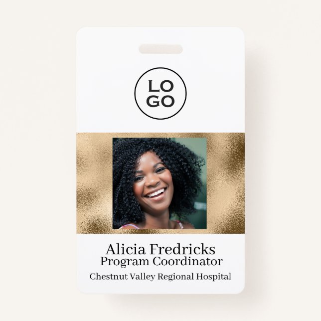 White and Gold Employee Photo ID with Logo ID Badge (Front)