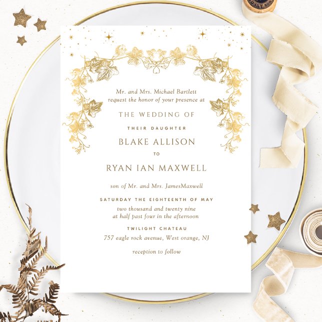 White and Gold Enchanting Celestial Formal Wedding Invitation (Creator Uploaded)