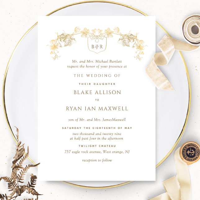White and Gold Enchanting Monogram Formal Wedding Invitation (Creator Uploaded)