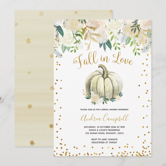White and Gold Fall in Love Bridal Shower Invite (Front/Back)
