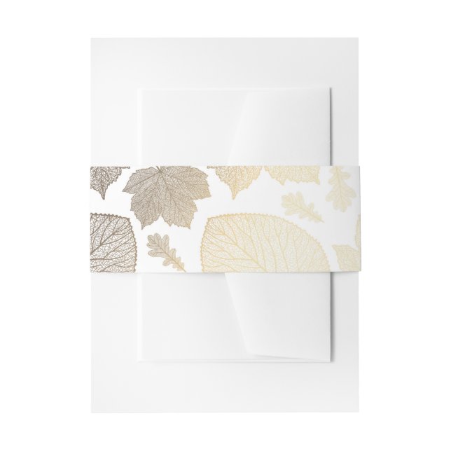 white and gold fall leaves wedding invitation belly band (Front Example)