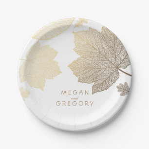 White and Gold Fall Leaves Wedding Paper Plate