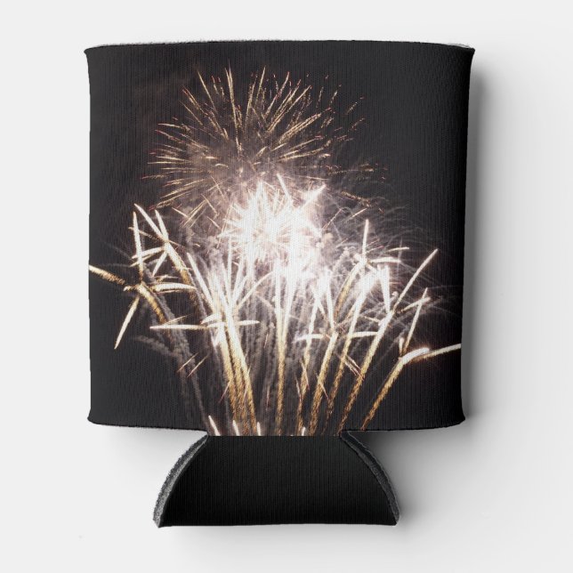 White and Gold Fireworks I Patriotic Celebration Can Cooler (Front)