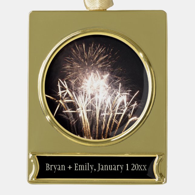 White and Gold Fireworks I Patriotic Celebration Plated Banner Ornament (Front)