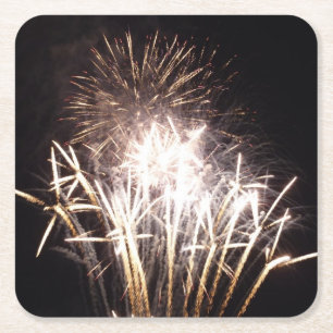 White and Gold Fireworks I Patriotic Celebration Square Paper Coaster