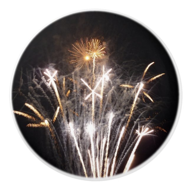 White and Gold Fireworks II Patriotic Celebration Ceramic Knob (Front)