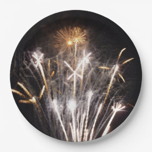 White and Gold Fireworks II Patriotic Celebration Paper Plate