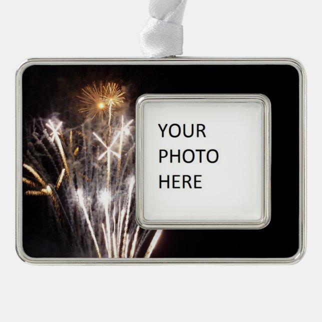 White and Gold Fireworks II Patriotic Celebration Silver Plated Framed Ornament (Front)