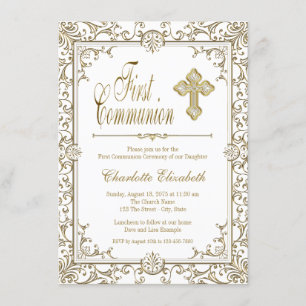 White and Gold First Communion Invitations