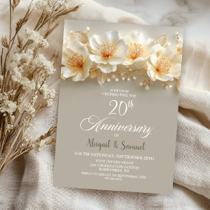 White and Gold Floral 20th Wedding Anniversary Invitation
