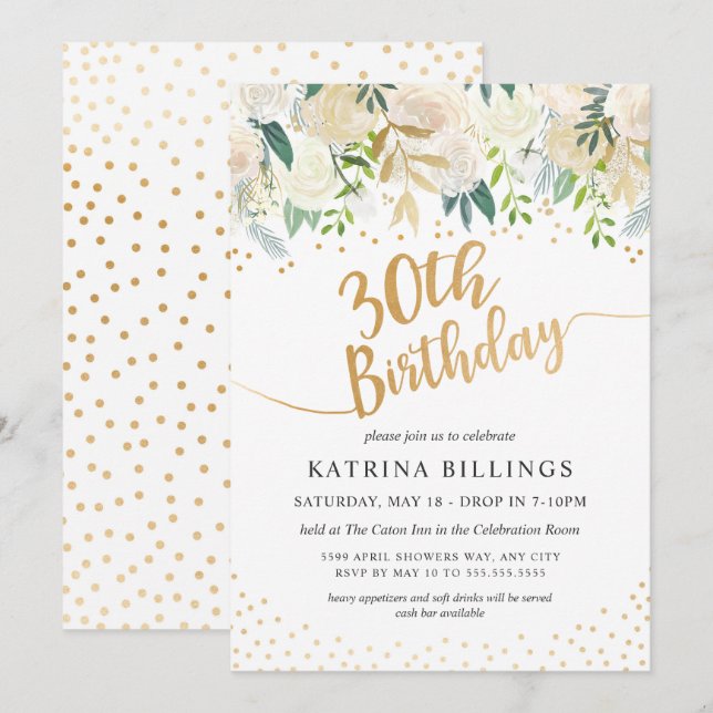 White and Gold Floral 30th Birthday Party Invitation (Front/Back)