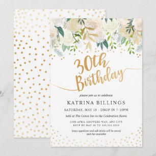 White and Gold Floral 30th Birthday Party Invitation