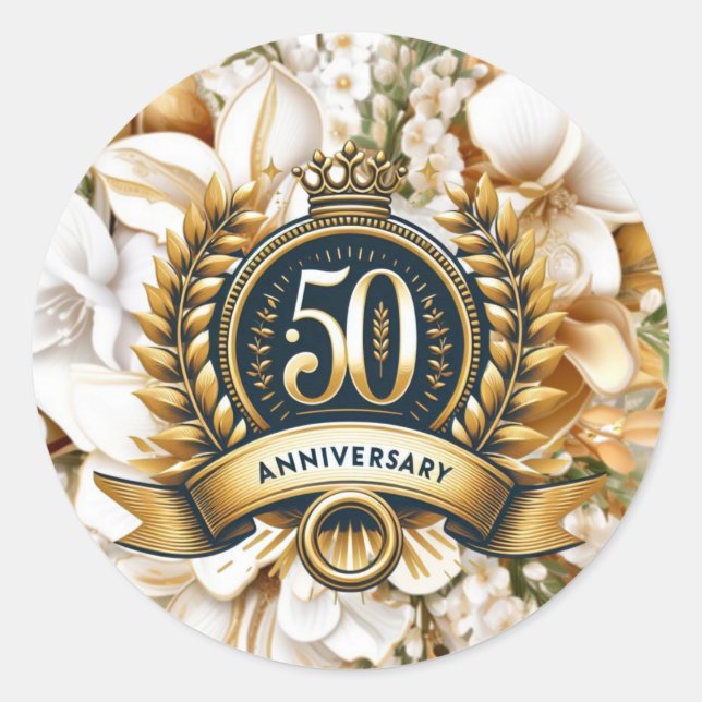 White and Gold Floral 50th Anniversary  Classic Round Sticker (Front)