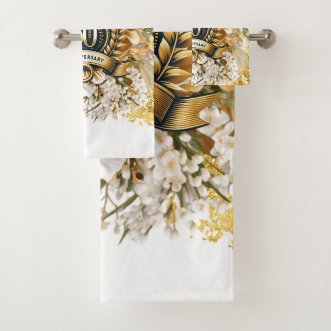 White and Gold Floral 50th Anniversary Gift Bath Towel Set (Insitu)