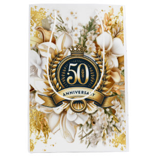White and Gold Floral 50th Anniversary  Medium Gift Bag