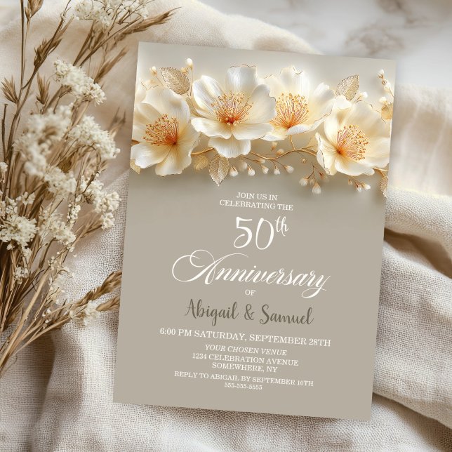 White and Gold Floral 50th Wedding Anniversary Invitation (Creator Uploaded)