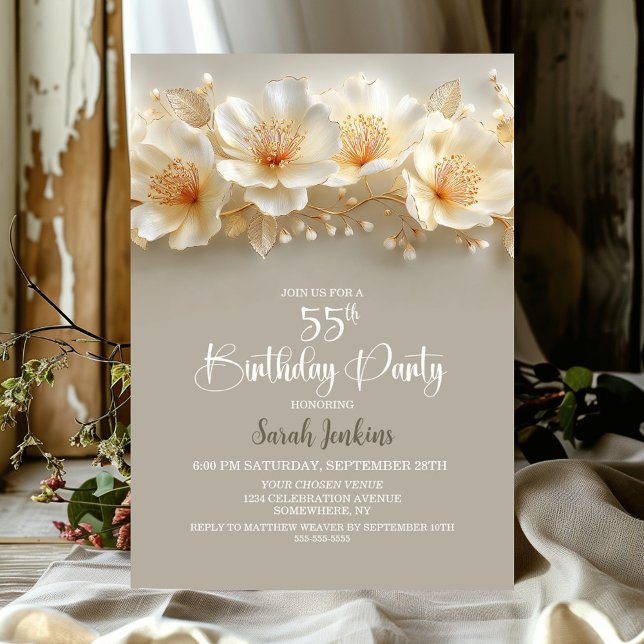 White and Gold Floral 55th Birthday Party Invitation (Creator Uploaded)