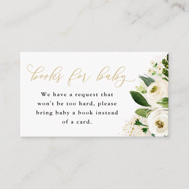 White and Gold Floral Baby Book Request Card (Front)
