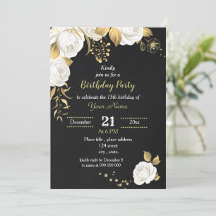 white and gold floral black birthday party invitation