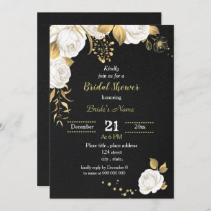 white and gold floral black bridal shower invitation