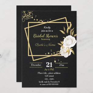 white and gold floral black bridal shower  invitation