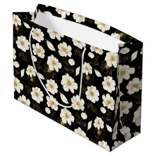 White and Gold Floral Black Large Gift Bag