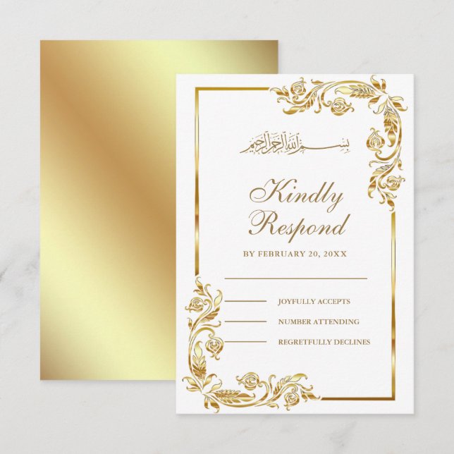 White and Gold Floral Border Islamic RSVP Card (Front/Back)