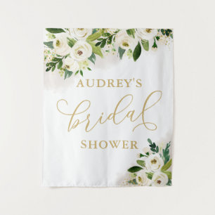 White and Gold Floral Bridal Shower Backdrop Tapestry