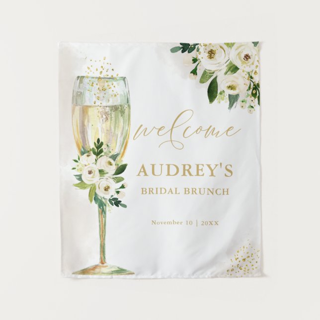 White and Gold Floral Champagne Glass Welcome Tapestry (Front)