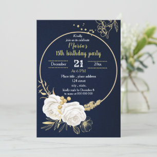 white and gold floral circle navy birthday party invitation