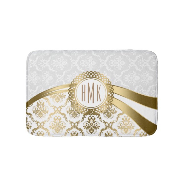 White And Gold Floral Damasks Bath Mat (Front)