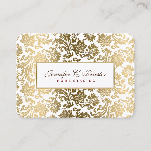 White And Gold Floral Damasks Business Card (Front)