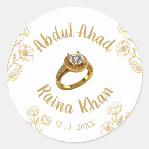 White and Gold Floral Engagement Ring Classic Round Sticker