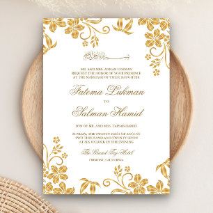 White and Gold Floral Islamic Muslim Wedding Invitation