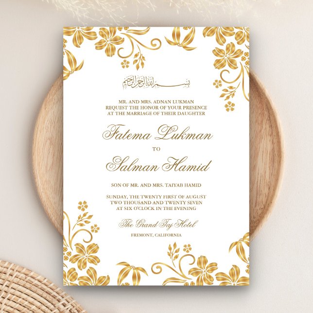 White and Gold Floral Islamic Muslim Wedding Invitation (Creator Uploaded)