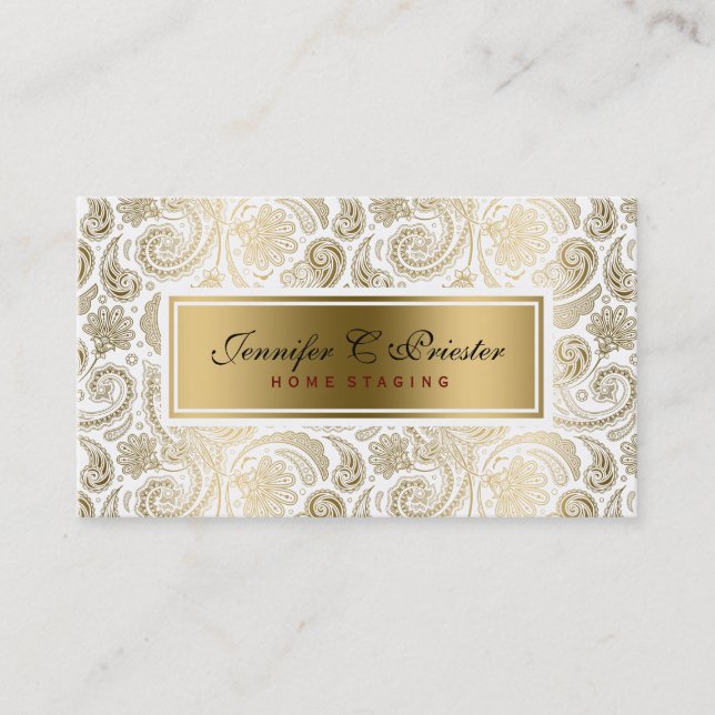 White And Gold Floral Lace Paisley 2 Business Card (Front)
