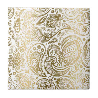 White And Gold Floral Lace Paisley 3 Tile