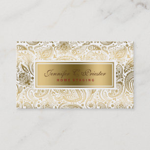 White And Gold Floral Lace Paisley Business Card