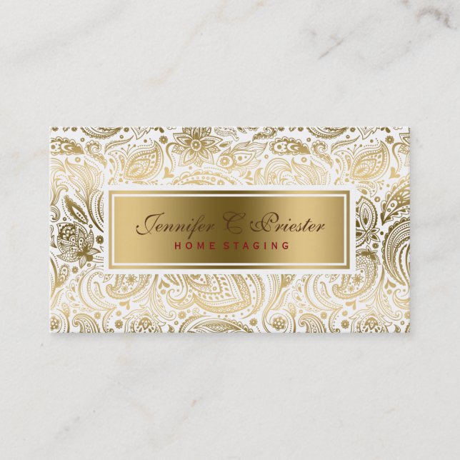 White And Gold Floral Lace Paisley Business Card (Front)