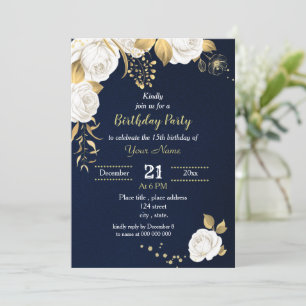 white and gold floral  navy blue birthday party  invitation