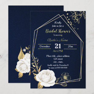 white and gold floral navy blue bridal shower invitation