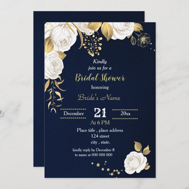 white and gold floral navy bridal shower  invitation (Front/Back)