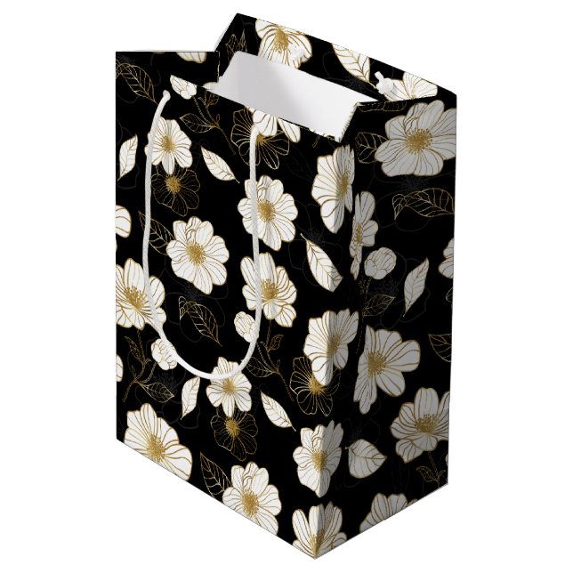 White and Gold Floral on Black Medium Gift Bag (Back Angled)