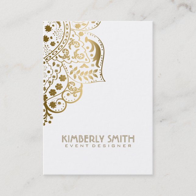 White And Gold Floral Ornament Business Card (Front)