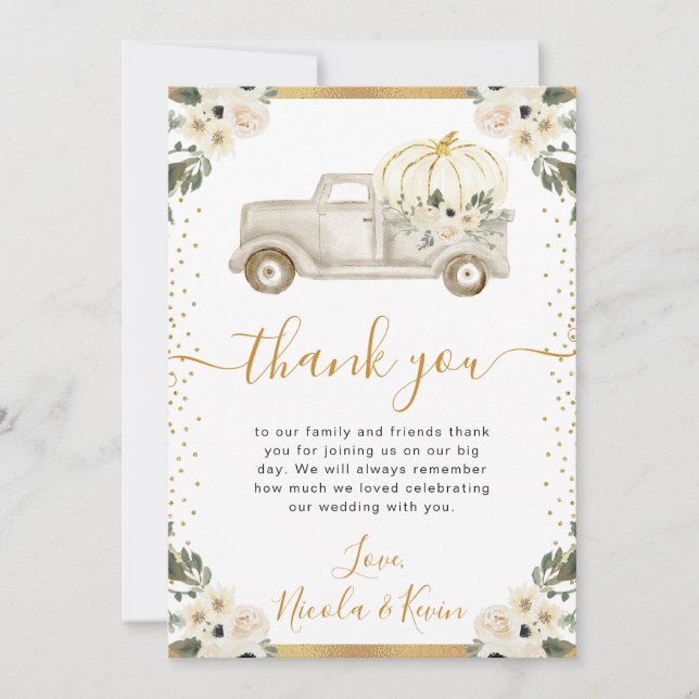 White and Gold Floral Pumpkin Truck Fall Wedding Thank You Card (Front)